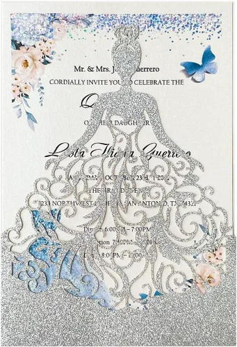 Miniatura 9 de 5.12 x 7.28 pulgadas, kit de 50 invitaciones de quinceañera con purpurina morada, cortadas con láser, huecas, de niña princesa, invitaciones