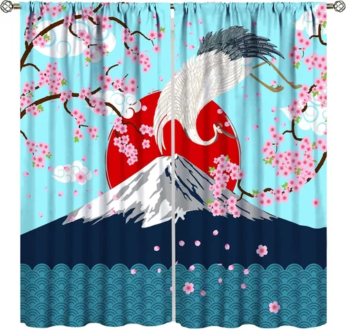 Miniatura 12 de Cortinas de estilo japonés, flor de cerezo, grúa de amanecer, estilo asiático, cortinas opacas para dormitorio, sala de estar, juego de 2 paneles