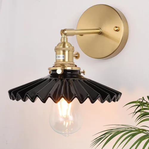 Shenmoyl - Aplique de pared vintage con pantalla de lámpara plisada de cerámica negra, apliques de latón ajustables a 180 grados, lámpara de pared