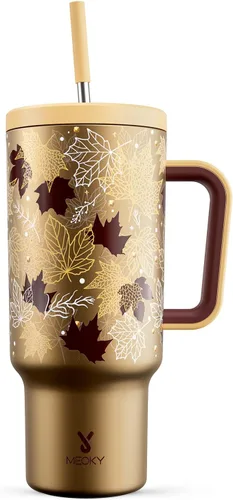 Miniatura 34 de Meoky - Vaso de 30 oz con asa, tapa y pajilla, taza de viaje térmica de acero inoxidable 100% a prueba de fugas, para portavasos, mantiene el frío