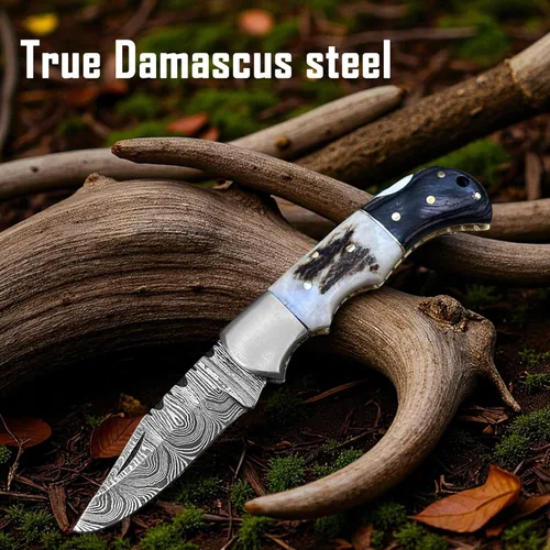 Miniatura 5 de WINTERFELL Cuchillo de Bolsillo Plegable de Acero de Damasco para Hombres con Funda de Cuero, Regalos 100% Hechos a Mano para Esposo, Papá, Novio