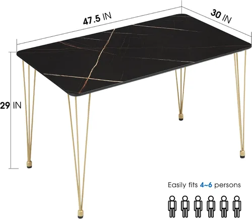 Miniatura 3 de ivinta Mesa de comedor para 4-6, moderna mesa de comedor de mármol con patas doradas, mesa de comedor rectangular de 47 pulgadas para espacios Negro
