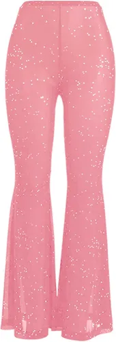 Miniatura 2 de Pantalones brillantes de malla transparente para mujer, acampanados, de cintura alta, acampanados, para fiestas y festivales de baile