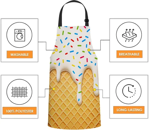 Miniatura 6 de WONDERTIFY Delantal de helado, cono de helado de dibujos animados con esmalte blanco y textura de oblea con cuello ajustable para hombres y mujeres