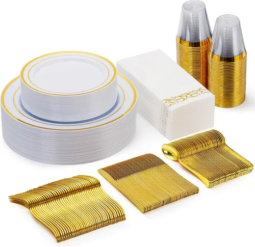 Miniatura 14 de Goodluck 700 platos de plástico dorado transparente para 100 invitados