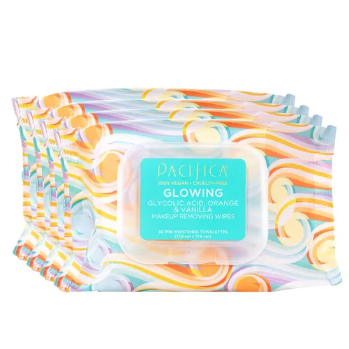 Pacifica Beauty | Toallitas desmaquillantes brillantes | Ácido glicólico, agua de coco, infusión de aloe | Limpieza diaria + exfoliante | Cuidado de