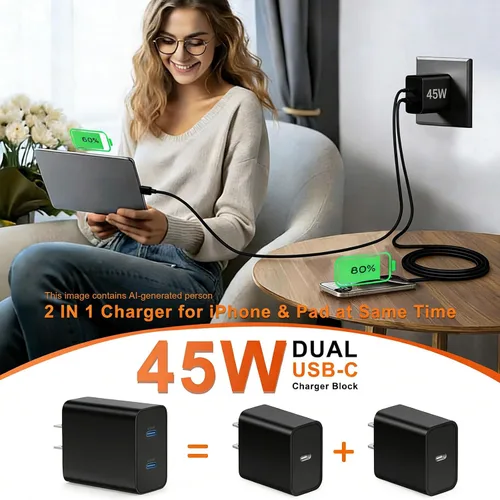 Miniatura 4 de Cargador dual tipo C de 45 W de carga rápida para Samsung, PD 3.0 GaN bloque de cargador de teléfono Android súper rápido con cable USB C largo