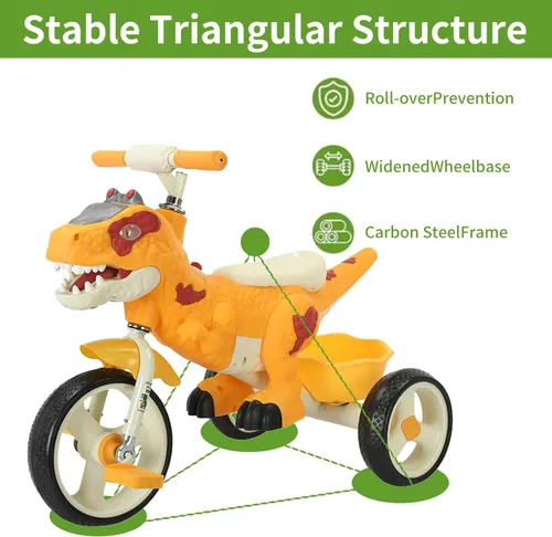 Miniatura 5 de Triciclo de dinosaurio para niños, niños pequeños de 2 a 6 años, triciclo con música, luces LED, cesta de almacenamiento y ruedas de goma, regalo