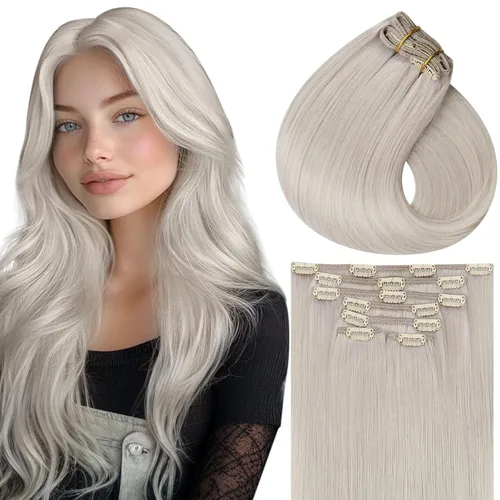 Miniatura 9 de Vivien Extensiones de cabello humano con clip, color negro azabache, extensiones de cabello humano real con pinzas invisibles, doble trama, 14