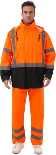 Miniatura 7 de Chaquetas de lluvia reflectantes para hombre impermeables, abrigo de seguridad Hi Vis con tiras reflectantes, chaquetas de lluvia de alta Naranja02