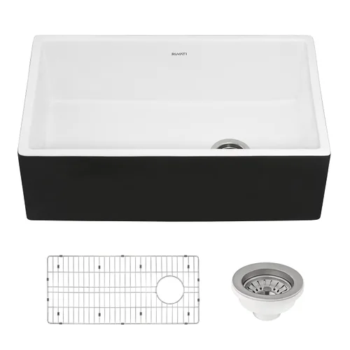Ruvati RVL4018RBW - Fregadero de cocina de drenaje compensado de arcilla refractaria de 30 pulgadas en blanco y negro
