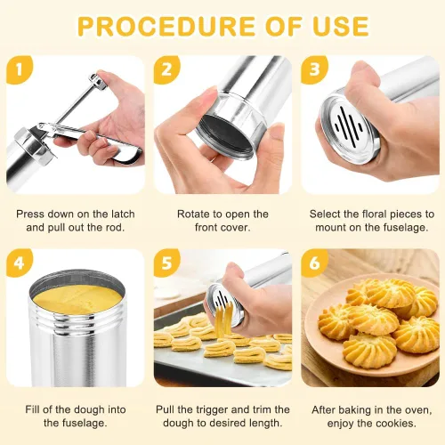 Miniatura 3 de Pistola de prensa manual de galletas de acero inoxidable, kit para hacer churro con 20 discos de galletas y 4 puntas de tubería para hacer pasteles