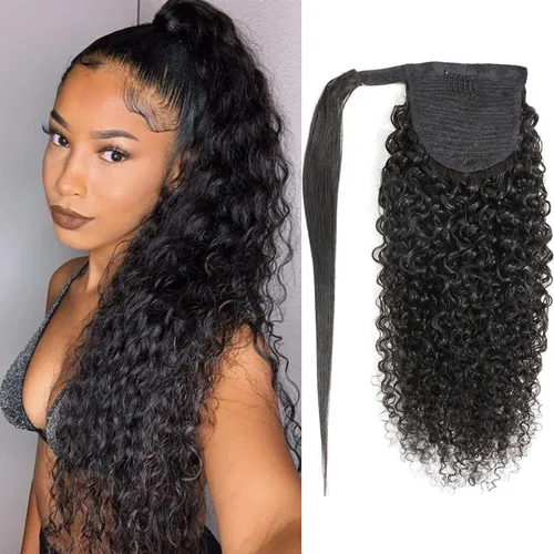 Extensiones de cabello humano Yaki Afro Kinky rizado cola de caballo con cordón, cabello humano de color natural con clip, cola de caballo rizado