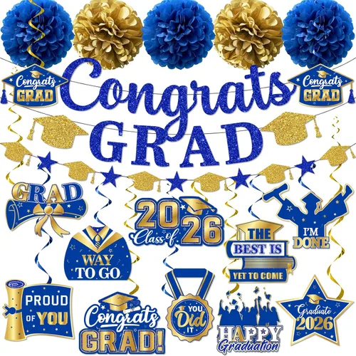 Miniatura 5 de Decoraciones de graduación 2026, pancarta de felicitaciones con purpurina, espirales colgantes y pompones de tela, decoraciones de graduación negras