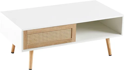 Miniatura 6 de IANIYA Mesa de centro con almacenamiento oculto, mesa central rectangular de 41.3 pulgadas con puerta tejida de ratán y patas de madera maciza