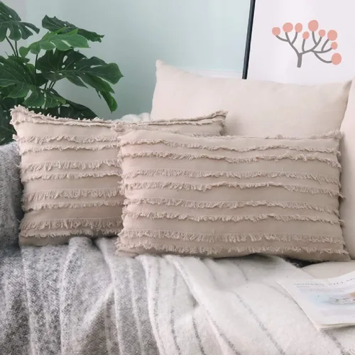 Miniatura 15 de GYROHOME Paquete de 2 fundas de almohada de algodón y lino, fundas de cojín decorativas, diseño de borlas, fundas de cojín modernas con flecos