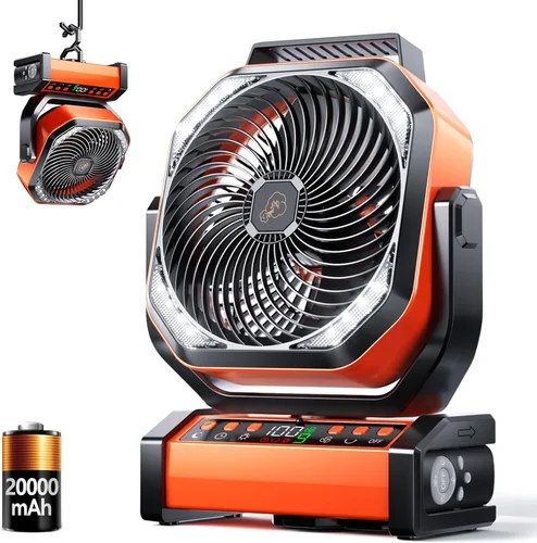 Miniatura 13 de Ventilador de campamento de 20000 mAh con luz LED, ventilador de escritorio oscilante automático con control remoto y gancho, ventilador de tienda