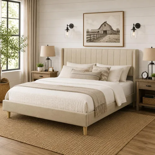Miniatura 13 de Upholstered Bed Frame with Wingback Headboard and Wood Slats (Beige-Linen, Twin)