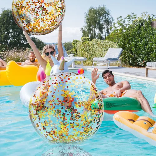 Miniatura 7 de Civaner 6 Piezas Pelotas de Playa Inflables con Purpurina de 24 Pulgadas, Pelotas Grandes de Piscina con Confeti Brillante para Decoraciones de Oro
