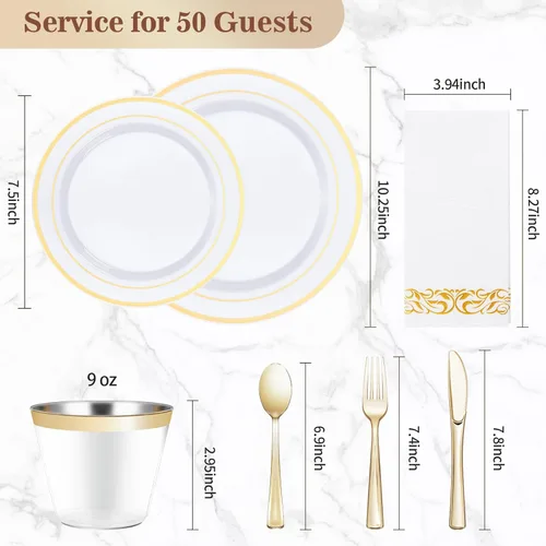 Miniatura 4 de BESTVIP Juego de vajilla dorada de 350 piezas para 50 invitados, juego de vajilla de plástico para fiestas, bodas, Navidad, incluye: 100 platos