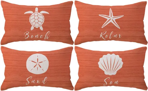 Miniatura 7 de ULOVE LOVE YOURSELF Juego de 4 fundas de almohada de playa costera de 18 x 18 pulgadas, juego de 4 fundas de cojín decorativas con diseño de Naranja