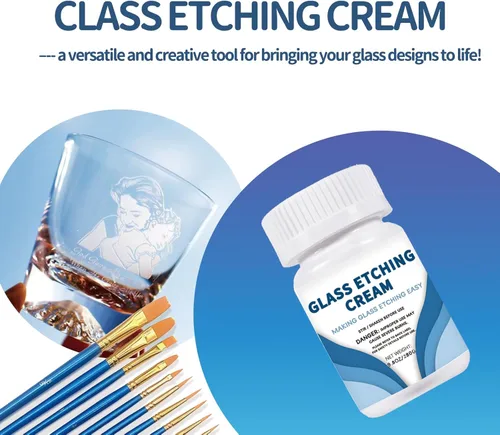 Miniatura 3 de Crema de grabado para vidrio de 10 onzas con 2 pinceles, kit de grabado de vidrio que crea patrones grabados permanentes, kit de inicio de grabado