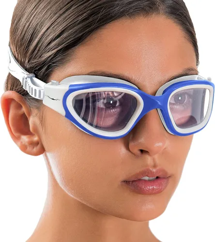 AqtivAqua DX - Gafas de natación con visión amplia para adultos, hombres y mujeres, antiempañamiento y sin fugas Gafas blancas y azules + estuche