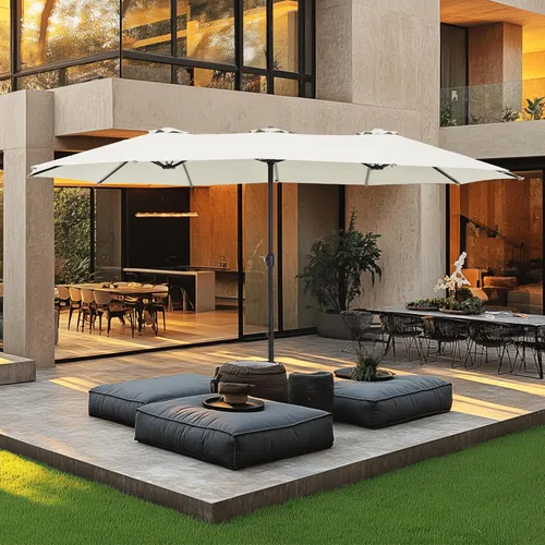 Miniatura 15 de MFSTUDIO Sombrilla de patio de 15 pies con base incluida, sombrilla rectangular grande de mercado de doble cara para exteriores con mango