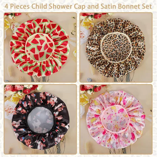 Miniatura 4 de 4 PIEZAS Gorros de Satén para Niños, Gorro de Dormir Infantil, Gorro de Seda Suave con Banda Elástica Ancha, Gorros Transpirables para Bebé, Gorros