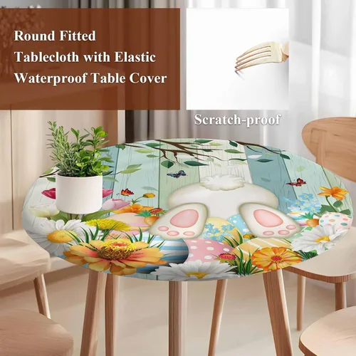 Miniatura 4 de Mantel Ajustable con Cola de Conejo de Pascua para Mesa Redonda, Cubierta de Mesa de Tulipán y Huevo de Primavera con Borde Elástico Impermeable