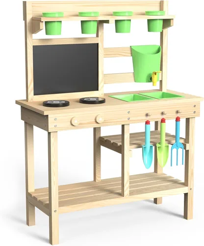 Cocina de Juego Exterior de Madera de Cedro para Niños, Cocina de Barro con Grifo de Agua, Pizarra de Doble Cara, Estantes de Almacenamiento, Vasos,