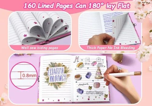 Miniatura 4 de GINMLYDA Diario para niñas con candado para niños, 7 x 5.25 pulgadas, 160 páginas rayadas, cuaderno secreto de princesa rosa para niñas