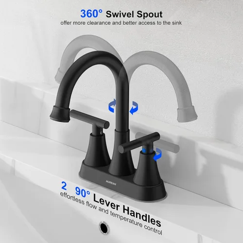 Miniatura 6 de Hurran - Grifos de baño para fregadero de 3 agujeros, juego central de 4 pulgadas y grifo de lavabo de baño negro mate con drenaje emergente, grifo