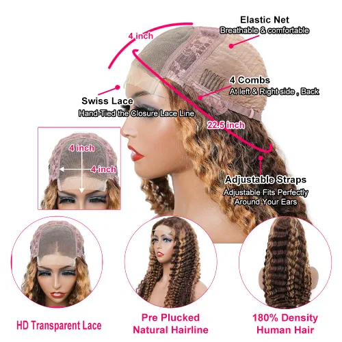 Miniatura 4 de Pelucas de cabello humano con reflejos sin pegamento Wear and Go, encaje frontal, estilo Bob, ondulado profundo #4/27, pelucas de color ombré