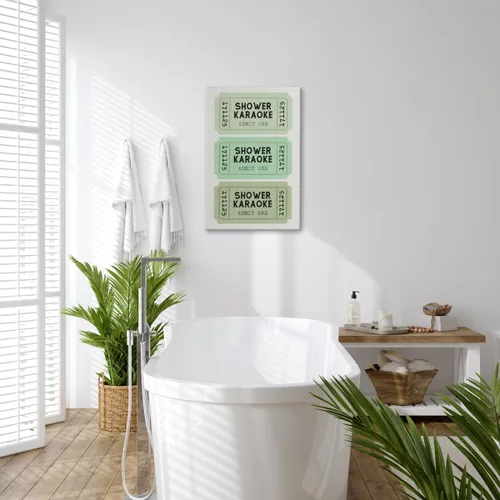 Miniatura 3 de Lienzo con impresión de karaoke para ducha, divertido arte de pared de baño, póster retro de boletos, color verde salvia, decoración de baño