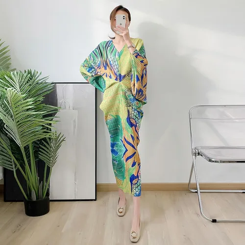Miniatura 4 de ZYTECO Vestido plisado con estampado floral para mujer, cuello en V, manga corta, estilo dolman, casual, fluido, para invitadas de boda