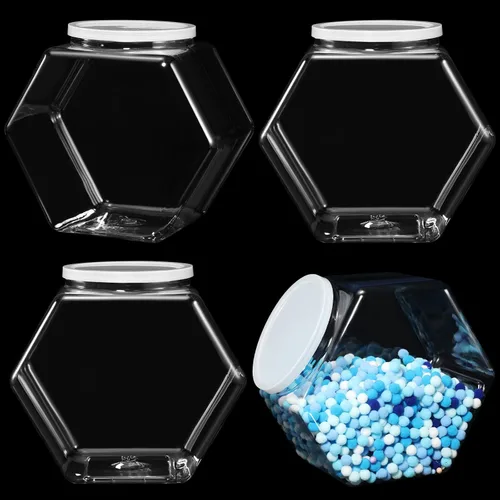 Miniatura 9 de EBOOT 4 tarros de plástico de 29 onzas para galletas de caramelo para encimera de cocina, tarro hexagonal con tapa, recipientes transparentes
