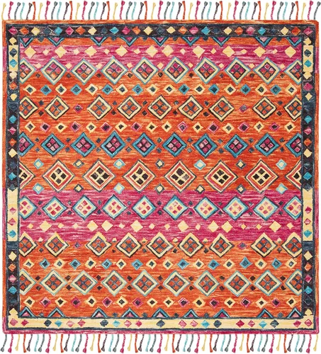 Miniatura 2 de SAFAVIEH Aspen Collection - Alfombra cuadrada de 3 pies, naranja y fucsia, hecha a mano, lana trenzada con borlas, ideal para zonas de alto tráfico