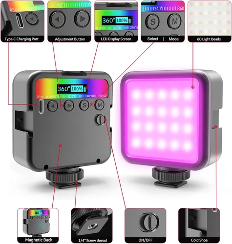 Miniatura 2 de Altson Luz de video LED RGB magnética Luz de cámara LED 360° a todo color Iluminación de fotografía portátil con 3 zapata fría, 2000mAh CRI