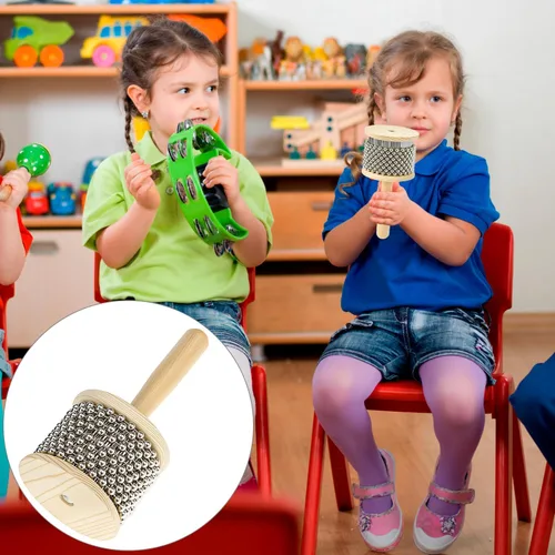 Miniatura 7 de QWORK Cabasa Instrumento musical de percusión de madera, coctelera de cuentas de acero inoxidable de 3.5 pulgadas con mango de madera