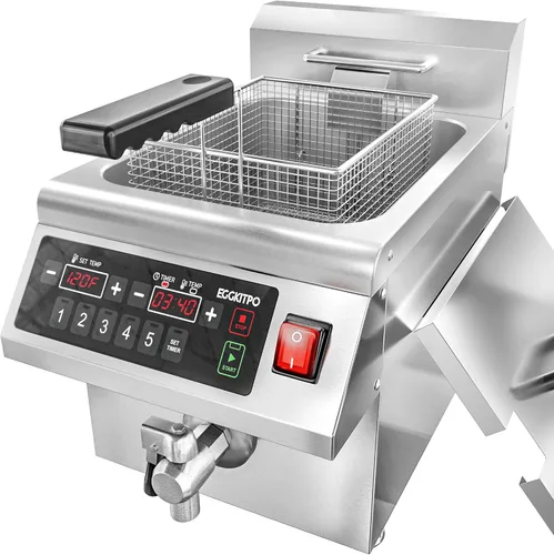 EGGKITPO Freidora de inducción comercial de 12.6 cuartos de galón con temporizador, freidora eléctrica de drenaje con cesta, freidora de mesa grande
