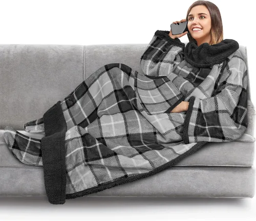 Miniatura 38 de PAVILIA Manta de forro polar con mangas, bolsillos para los pies para mujeres, hombres y adultos, manta de felpa para llevar, cálida manta