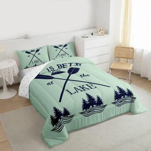 Miniatura 6 de Juego de edredón para cabaña y cabaña, juego de ropa de cama de pesca Life Is Better At The Lake, edredón de montaña y selva tropical, para niños