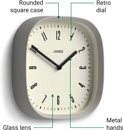 Miniatura 6 de JONES CLOCKS® Reloj de pared Marvel Reloj cuadrado redondo retro moderno 10 pulgadas Gris Aspecto de diseñador genial para cocina, sala