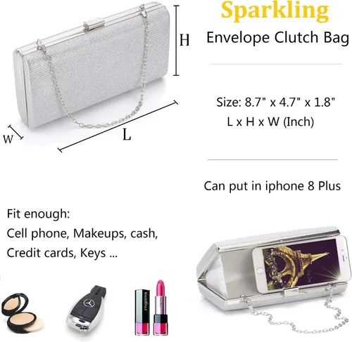 Miniatura 4 de Bolso de noche de plata con sobre vintage para mujer, para cóctel, boda, fiesta, plateado