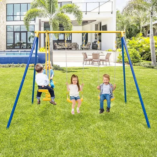 Miniatura 2 de HONEY JOY Juegos de columpios para el patio trasero, soporte de columpio de metal resistente con marco en A y 2 columpios con correa y balancín