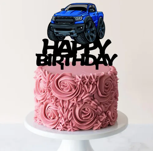 Miniatura 5 de Decoración para tartas de camioneta, suministros de fiesta temática de transporte de acrílico negro, decoración de pastel de feliz cumpleaños