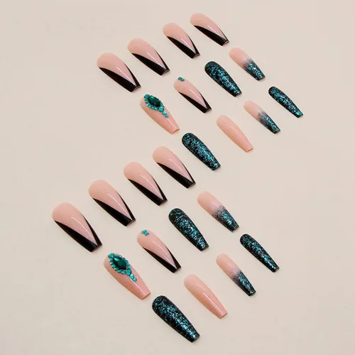 Miniatura 4 de MISUD Uñas postizas a presión – Uñas postizas largas con punta francesa negra, diseño de diamantes de imitación verde acrílico, 24 piezas 01702verde