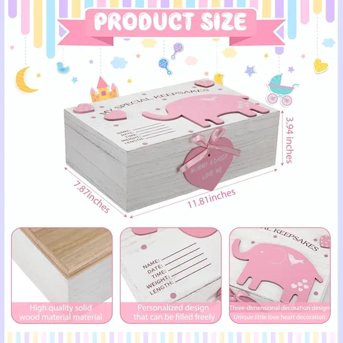 Miniatura 2 de Soaoo Caja de recuerdos de madera 3D para bebés, caja de recuerdos de elefante para niñas y niños, regalo para nuevos padres, recién nacidos, Rosa