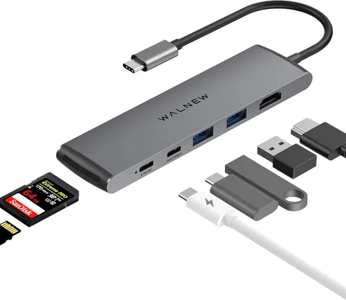 Hub USB C, WALNEW 7 en 1, estación de acoplamiento USB-C con HDMI 4K, 100 W PD, 3 puertos de datos de 5 Gbps (1 USBC y 2 USB 3.0), lector de Gris